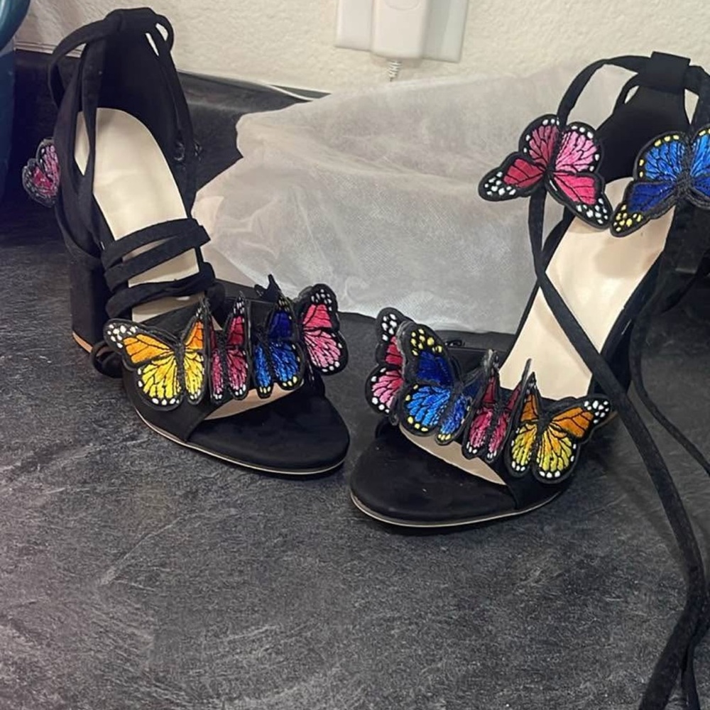 Elegant Black Heels with Colorful Butterfly Accents brand new comes in box